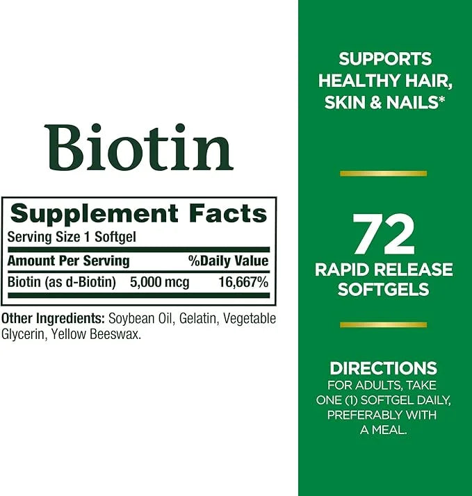 Nature's Bounty Biotin, Vitamin Supplement, Supports 5000 mcg, 72 Softgels