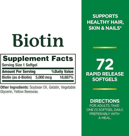 Nature's Bounty Biotin, Vitamin Supplement, Supports 5000 mcg, 72 Softgels