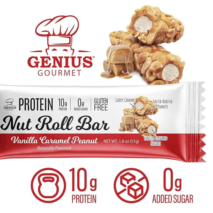 Genius Gourmet Protein Nut Roll Bars Vanilla Caramel Peanut - 10g Protein, Zero Added Sugar, Gluten Free, Non-GMO - Sweet ...