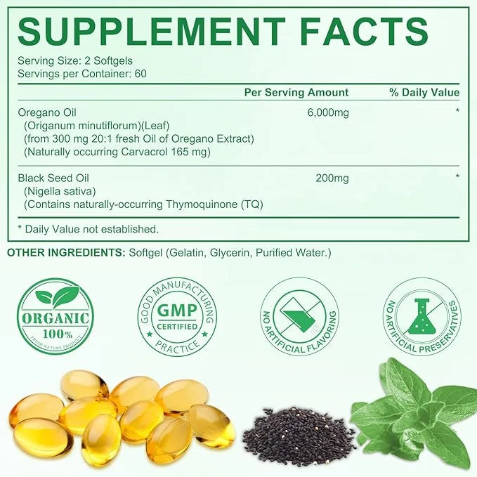 Oil of Oregano Softgels,Wild Oregano Oil 6,000mg with 200mg Capsules, 120 Count,