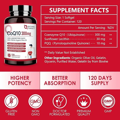 NATURE TARGET CoQ10-300mg-Softgels + PQQ with Organic-Olive-Oil Absorption-Coenzyme-Q10 - 120 Servings