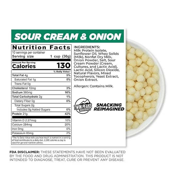 Twin Peaks Low Carb, Keto Friendly Protein Puffs, Sour Cream & Onion (300g, 21g Protein, 2g Carbs) - Product Image