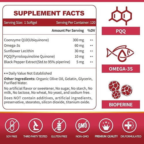ZEBORA CoQ10-300mg-Softgels with PQQ, BioPerine & Omega-3, 120 120 Servings Q10 (Ubiquinone)