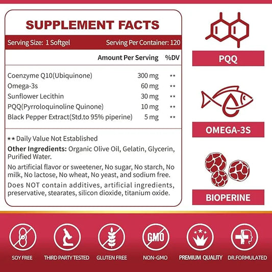 ZEBORA CoQ10-300mg-Softgels with PQQ, BioPerine & Omega-3, 120 120 Servings Q10 (Ubiquinone)