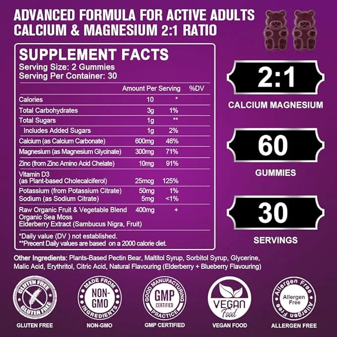 Calcium Magnesium Zinc Gummies with High 2:1 Ratio, D3 Sea Vegan-2 Pack