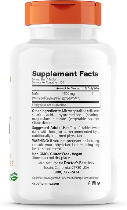 Doctor's Best MSM with OptiMSM, Non-GMO, 1500 mg, 120 Tablets (DRB-00097)