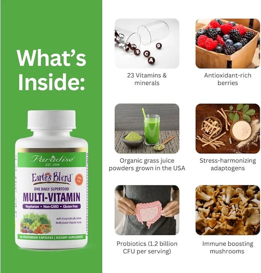 Paradise Herbs Earth's Blend Women's Once Daily Multivitamin with Iron, 48 Organic Superfoods, Probiotics, Antioxidants, V...