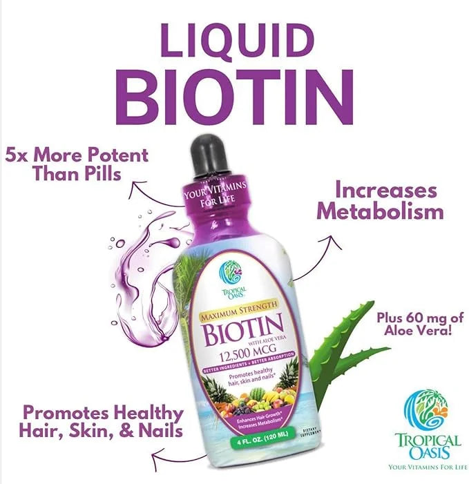 Maximum Strength Liquid Biotin Drops w/ 12,500 MCG -5X More 4oz, 30 30 Serv