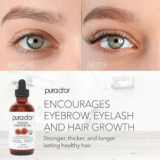 PURA D'OR 4 Oz ORGANIC Castor Oil - 100% Pure USDA Certified Cold Pressed, Hexane Free Eyelash & Eyebrow Serum - For Fulle...