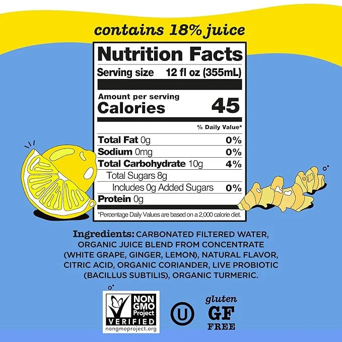 Culture Pop Soda, Ginger Lemon & Turmeric, Probiotic Low Sugar Soda, Sparkling Juice Alternative, Non-GMO, Kosher, Gluten-...