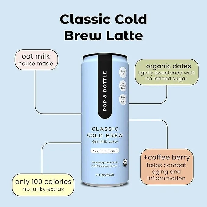 Pop & Bottle Classic & Vanilla Oat Milk Lattes - Cold Brew, Marine Collagen & Antioxidants, MCT Oil, Organic, Dairy Free, ...