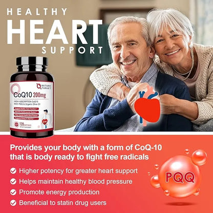 NATURE TARGET CoQ10-200mg-Softgels + PQQ with Organic-Olive-Oil Absorption-Coenzyme-Q10 - 120 Servings