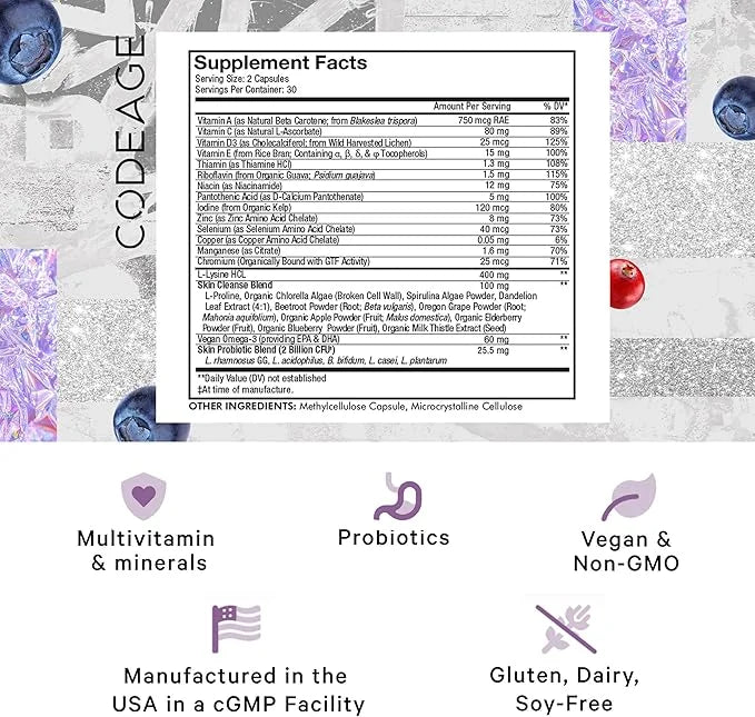 Codeage Teen Clearface Adolescent Face, Skin & Pimples, Vitamins A, C, D3, E, Pantothenic Acid, Niacin, Zinc Supplement Te...