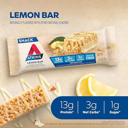 Atkins Snack Bar, Lemon Bar, 13g Protein, 3g Net Carbs, 1g Sugar, Made with Real Almond Butter, Gluten Free, High in Fiber...