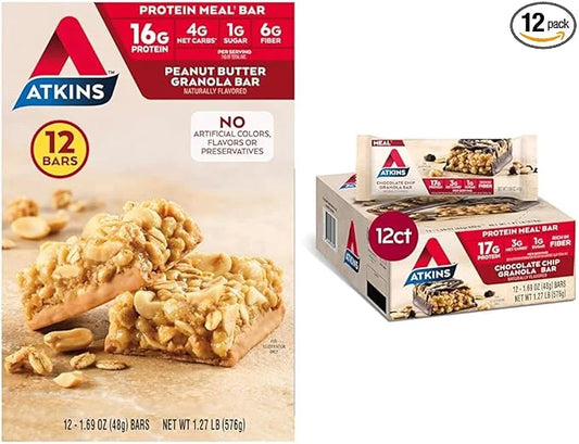 Atkins Peanut Butter & Chocolate Chip Granola Protein Meal Bars, High Fiber, 16-17g Protein, 1g Sugar, 3-4g Net Carbs, Ket...