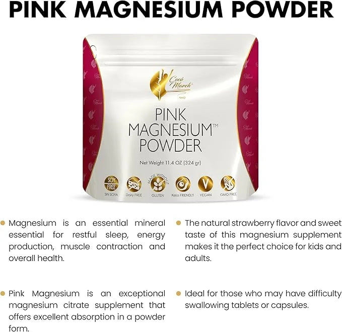 Coco March Pink Magnesium Powder - Promotes Sleep, Relaxation and Healthy Brain Function, Strawberry Flavor - Free from: G...