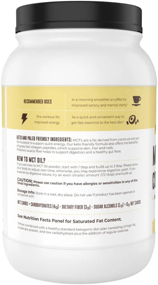 32oz Vanilla Keto MCT Powder + Collagen + Prebiotic Acacia Fibre. MCT Creamer. MCT Oil Powder from Coconuts. MCT Collagen ...