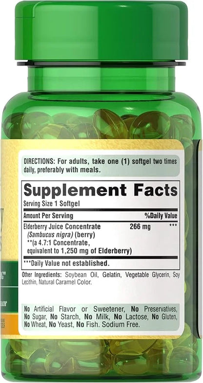 Puritan's Pride Elderberry Sambucus 1250mg, Supports 60ct (Pack 2)