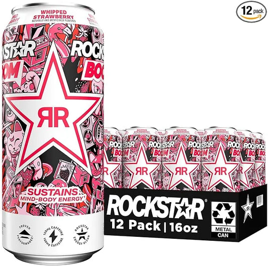 Rockstar, Boom Energy Drink with Caffeine and Taurine Packaging May Vary, Whipped Strawberry, 16 Fl Oz (Pack of 12) - Prod...