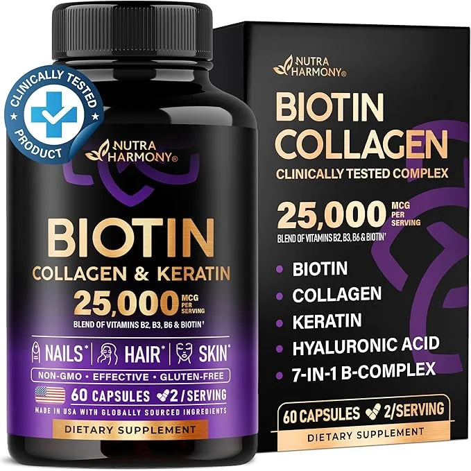 Biotin | Collagen | Keratin - 25000 mcg B2 | B3 | B6 | B7 - 60 Capsules
