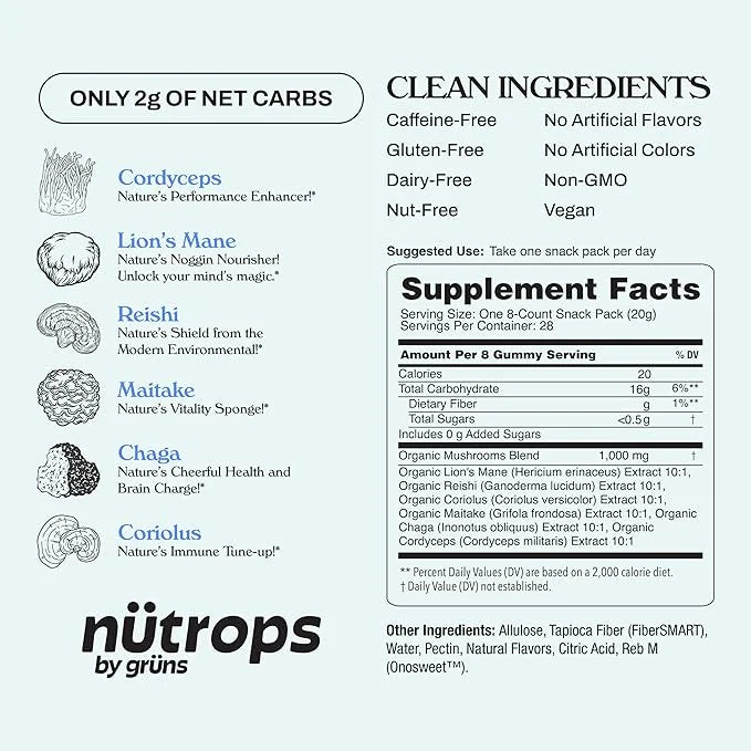 Nutrops Sugar-Free Functional Nootropics Mushroom Gummies for adult, Herbal Brain Supplement Gummy for Energy, Brain Healt...