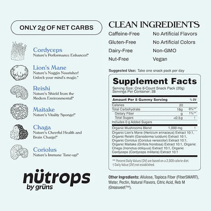 Nutrops Sugar-Free Functional Nootropics Mushroom Gummies for adult, Herbal Brain Supplement Gummy for Energy, Brain Healt...