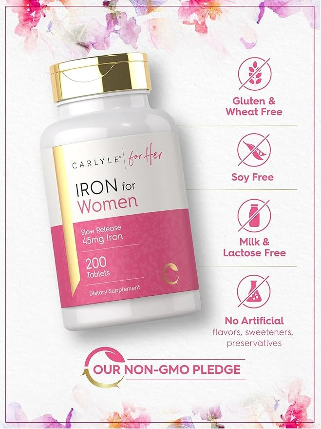 Carlyle Iron Supplement for Women | 45mg | 200 Slow Release Tablets | Vegetarian, Non-GMO, Gluten Free Pills | for Her - P...
