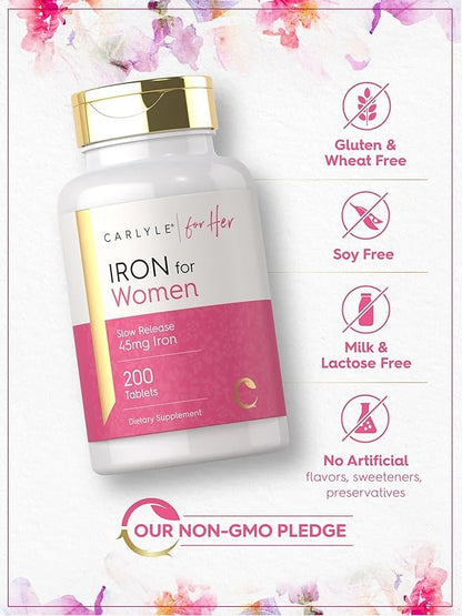 Carlyle Iron Supplement for Women | 45mg | 200 Slow Release Tablets | Vegetarian, Non-GMO, Gluten Free Pills | for Her - P...