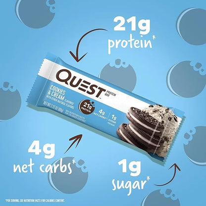 Quest Nutrition Cookies & Cream Protein Bars, 21g Protein, 1g Sugar, 4g Net Carb, Gluten Free, Keto Friendly, 12 Count - P...