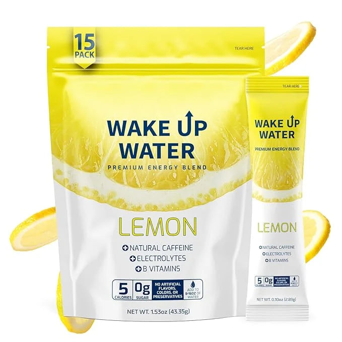 Wake Up Water - Energy + Hydration Sugar Free 15 Packet, Lemon Flavor - Energy Drink Powder, Electrolytes Powder Drink, Na...