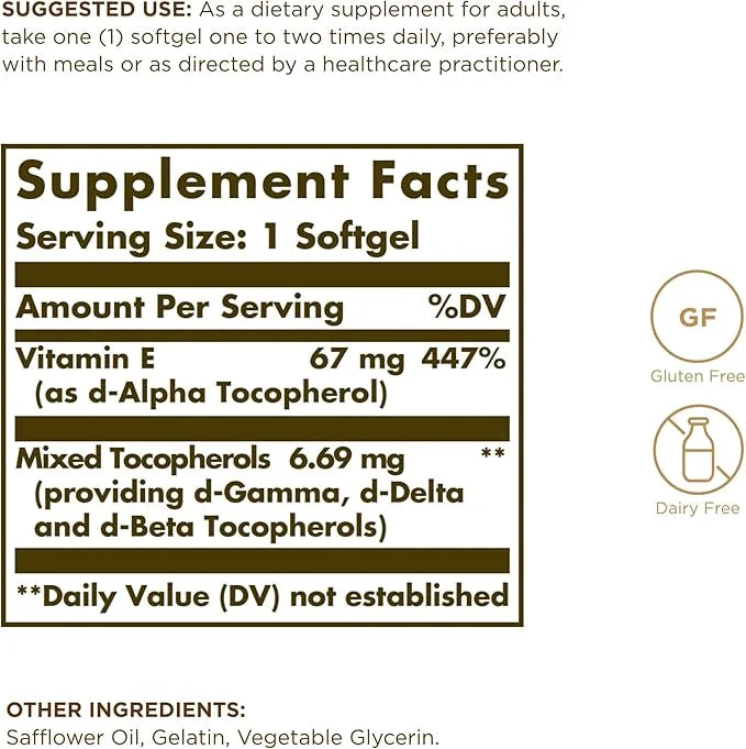 Solgar Vitamin E 67 mg (100 IU) 100 Softgels, 2 - 200 Total