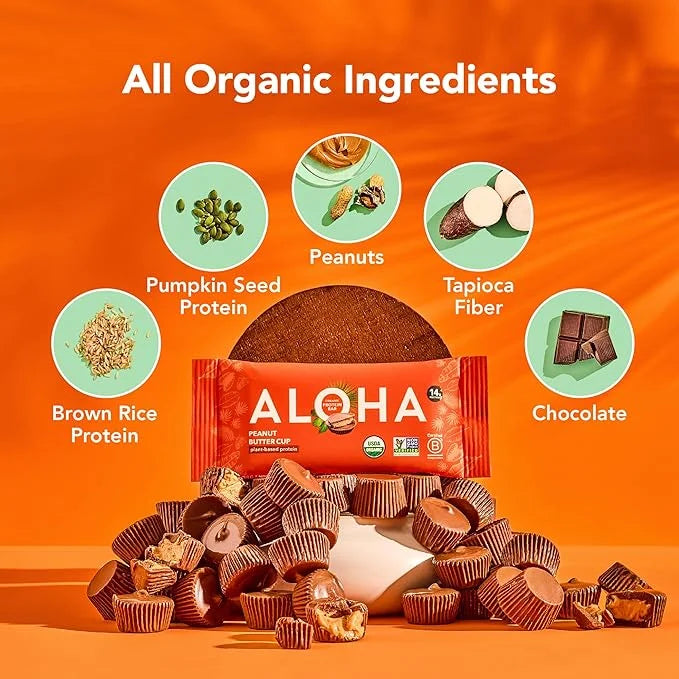 ALOHA Organic Plant Based Protein Bars - Peanut Butter Cup Bar - 12 Bars, Vegan, Low Sugar, Gluten-Free, Low Carb, Non-GMO...