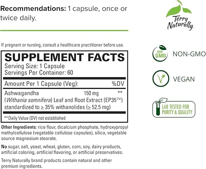 Terry Naturally Ashwagandha EP35 Extra Strength 60 Capsules 60 Servings