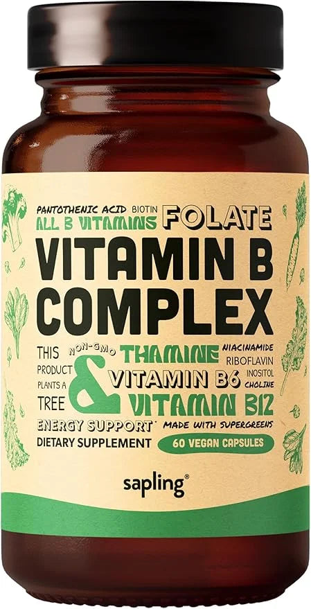 sapling Vegan Vitamin B Complex B1, B2, B2, B3, B3, B5, B5, B6, B6, B7, B7, Folate, B12-60 Caps