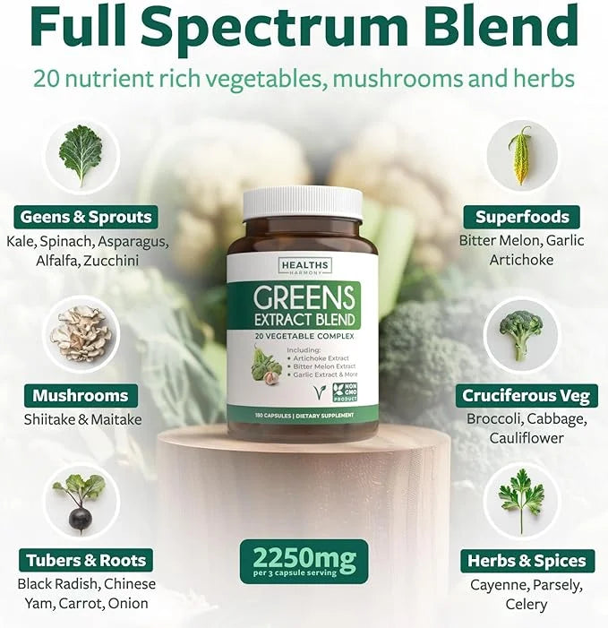Super Greens Antioxidants Superfoods 2250mg Supplement 20 Ingredients 180 Capsules