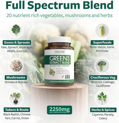 Super Greens Antioxidants Superfoods 2250mg Supplement 20 Ingredients 180 Capsules