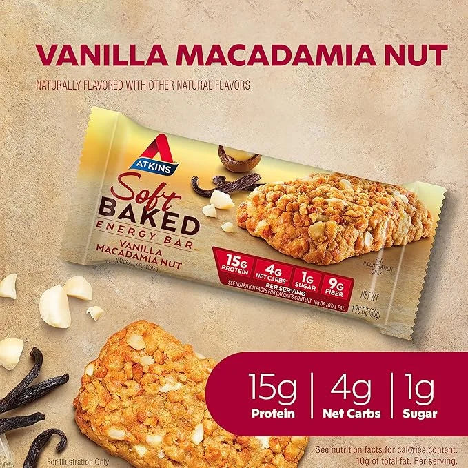 Atkins Soft Baked Energy Bars, Vanilla Macadamia Nut, 15g Protein, 1g Sugar, Excellent Source of Fiber, Low Carb, 4 Packs ...