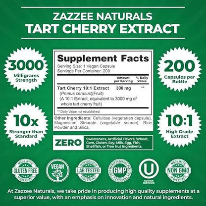 Zazzee Tart Cherry 10:1 Extract, 3000 200 Vegan 6+ Month 10X Extract, 100% Vegetarian,