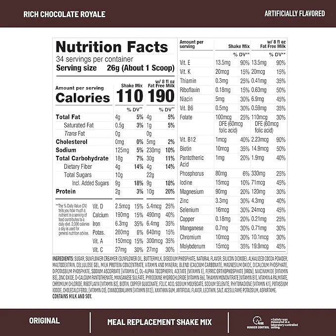 SlimFast Original Meal Replacement Powder, Rich Chocolate Royale, Weight Loss Shake Mix, 10g of Protein, 34 Servings (Pack...