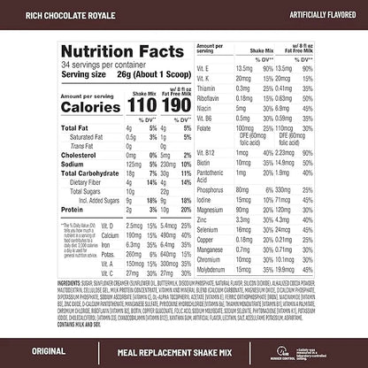 SlimFast Original Meal Replacement Powder, Rich Chocolate Royale, Weight Loss Shake Mix, 10g of Protein, 34 Servings (Pack...