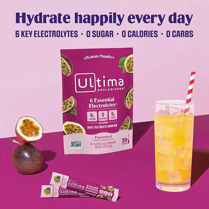 Ultima Replenisher Daily Electrolyte Powder Drink Mix – Passionfruit, 20 Stickpacks – Hydration Packets with 6 Electrolyte...