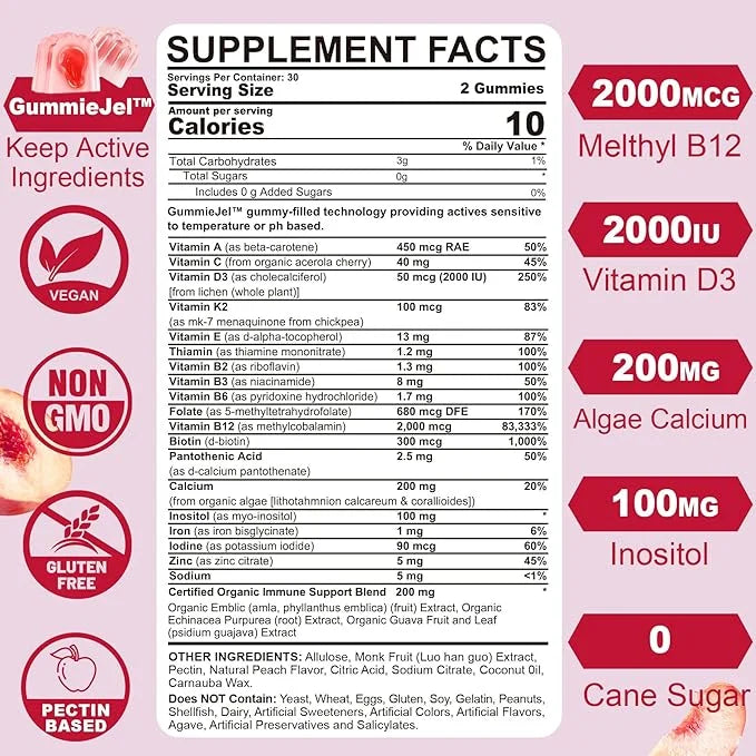 Sugar-Free Methylated Multivitamin for Women Gummies D3, E, B12, Iron,