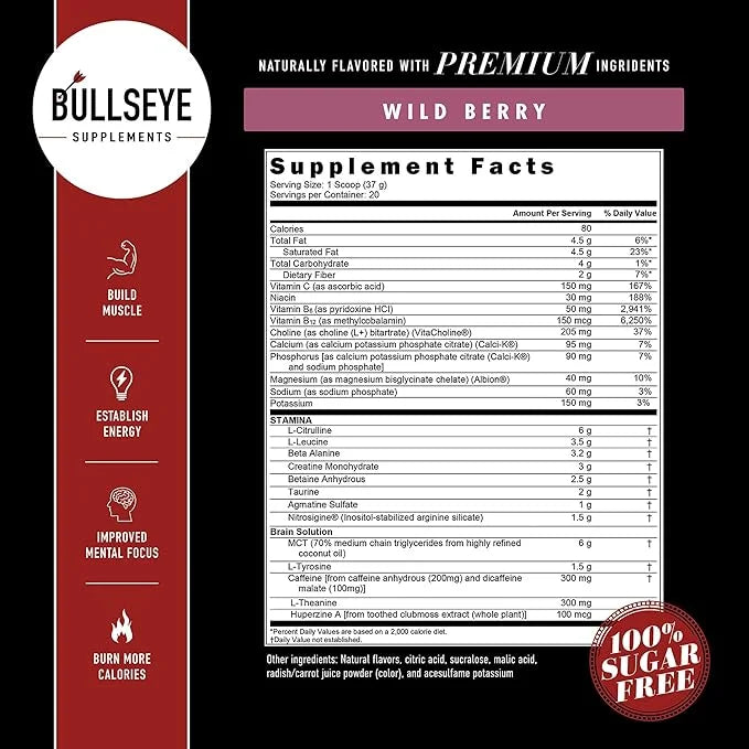 Bullseye MCT Oil Pre Workout Supplement - Creatine Monohydrate, Medium Chain Triglycerides, Beta Alanine, Caffeine, L-Citr...