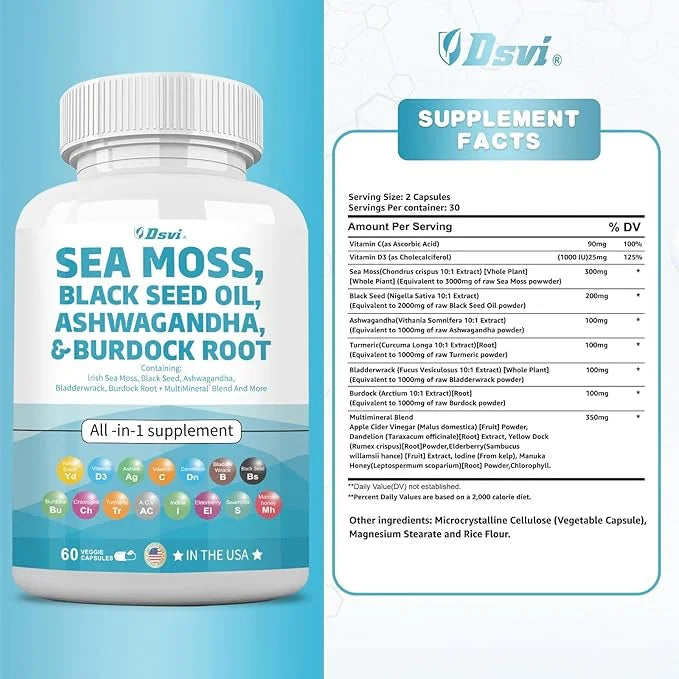 Sea Moss 3000mg Black Seed Oil 2000mg Ashwagandha 1000mg Bladderwrack 1000mg Turmeric 1000mg Burdock 1000mg Vitamin D3 Eld...