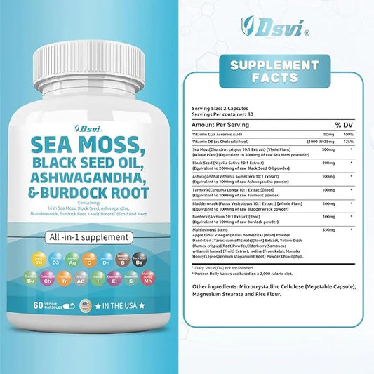 Sea Moss 3000mg Black Seed Oil 2000mg Ashwagandha 1000mg Bladderwrack 1000mg Turmeric 1000mg Burdock 1000mg Vitamin D3 Eld...