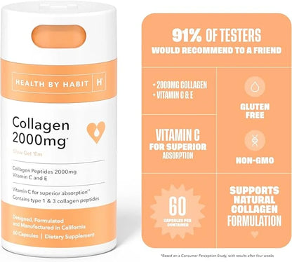 Health by Habit Collagen Supplement 2 Pack (120 Capsules) - Vitamin C & Vitamin E, 2000mg, Collagen Peptides, Superior Abs...