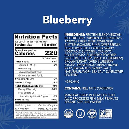 ALOHA Organic Plant Based Protein Bars - Blueberry Bars, Vegan, Low Sugar, Gluten-Free, Low Carb, Non-GMO, No Stevia, No E...