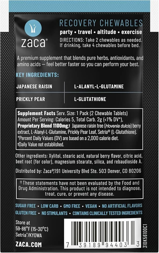 Zaca Recovery Chewable Supplement | Hydrate + Revive | Party, Travel, Exercise & Altitude | Sugar Free & Gluten Free | Mix...