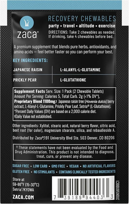 Zaca Recovery Chewable Supplement | Hydrate + Revive | Party, Travel, Exercise & Altitude | Sugar Free & Gluten Free | Mix...