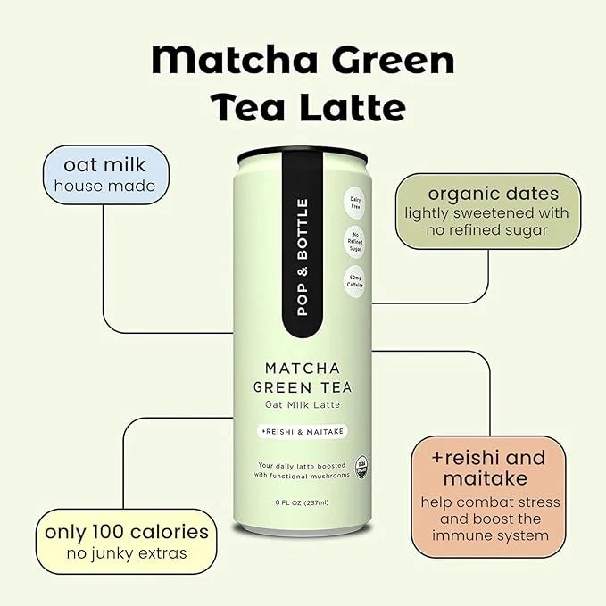 Pop & Bottle, Classic and Matcha Oat Milk Lattes - Reishi and Maitake Mushrooms, Green Tea, Cold Brew, Coffee Berry, MCT O...